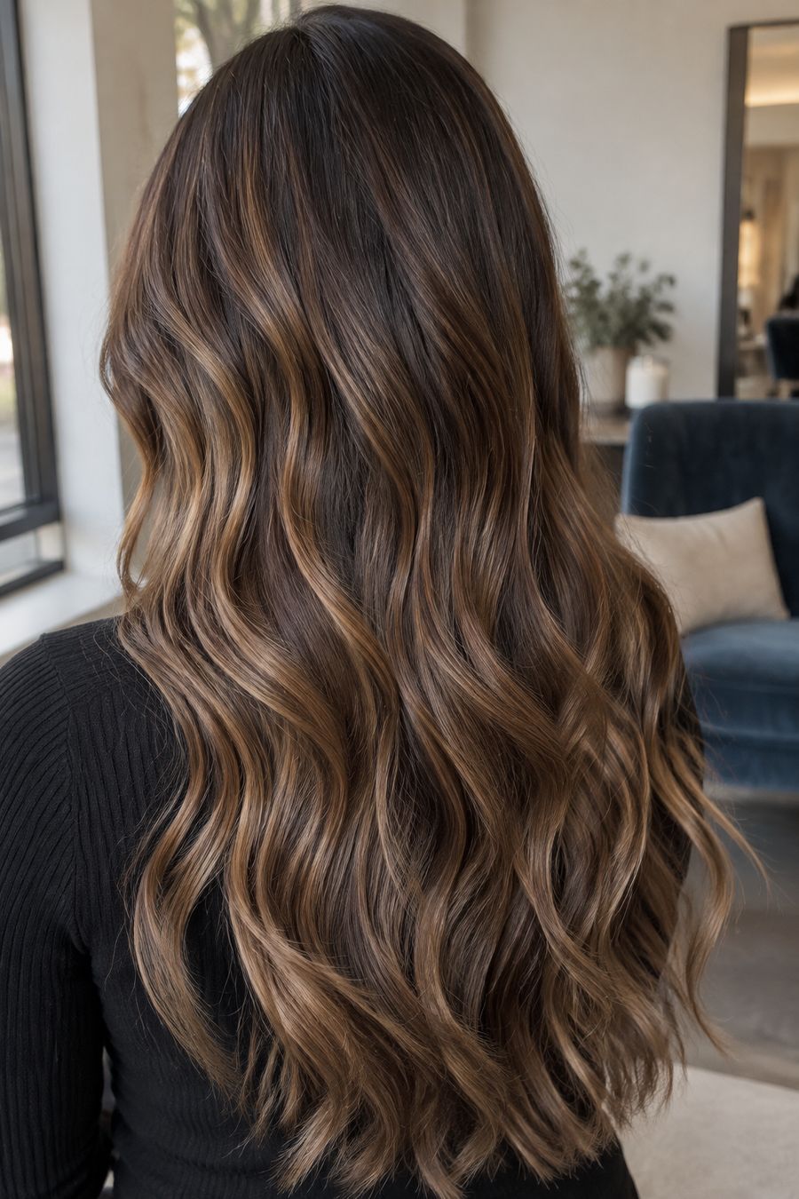 Warm caramel balayage over chocolate brown
