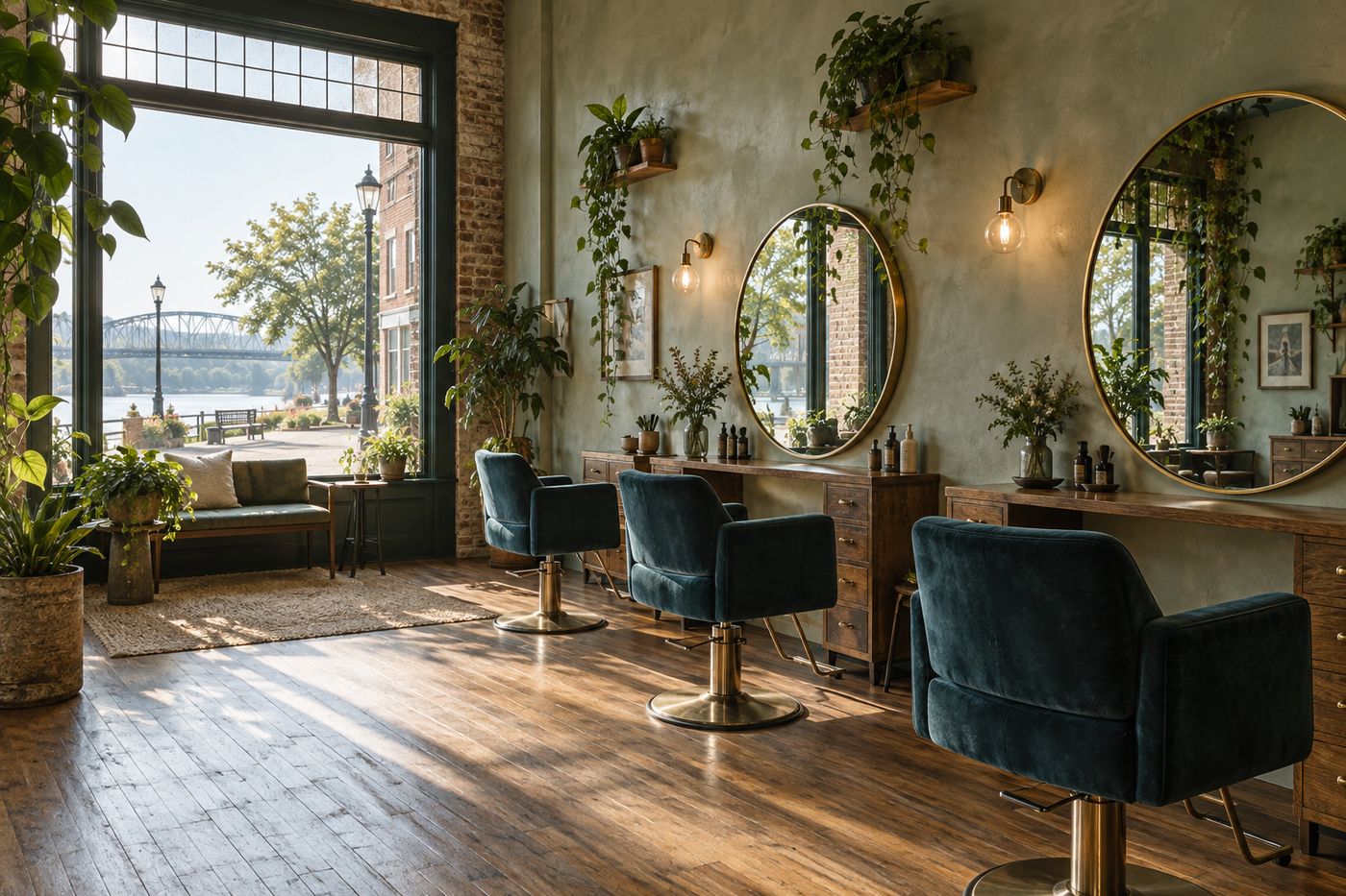 Juniper's salon floor with blue velvet chairs, brass mirrors and morning light